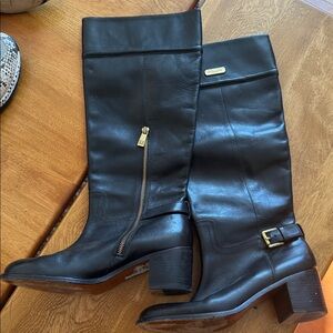 Coach Black Leather Heeled Boots with Gold Accents